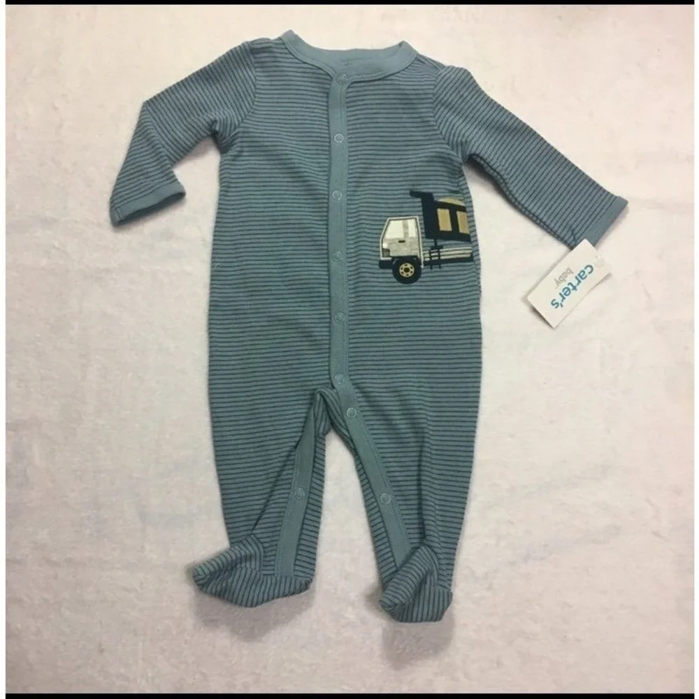 Carter's Footed Sleeper Baby Boy 6M Blue NWT Striped Dump Truck Snap Pajamas